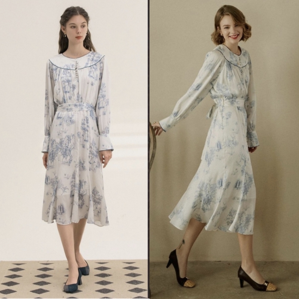 Simple Retro M Off White and Blue Dress Toile Like pattern